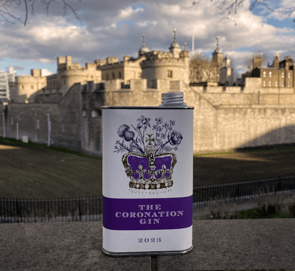Official Coronation Gin in a tin outside the tower of london